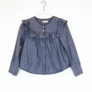 Madewell Women Chambray Ruffle Long Sleeve Top XXS Preppy Cottage Prairie Blue
